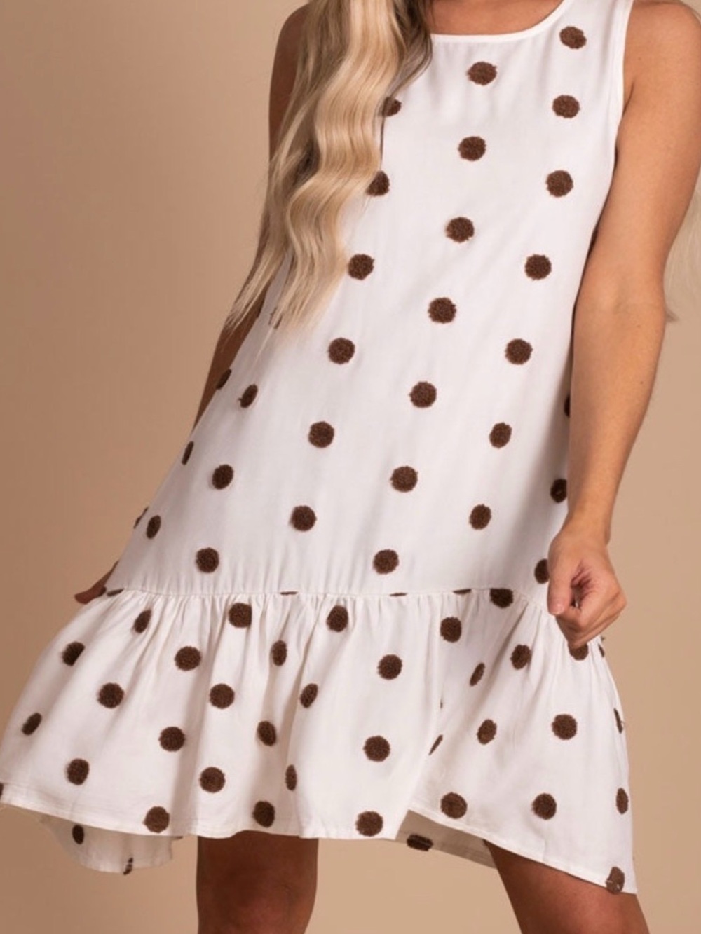 Blu Pepper Cream Brown Pom Pom Polka Dot Mini Dress Size Small Boho Babydoll